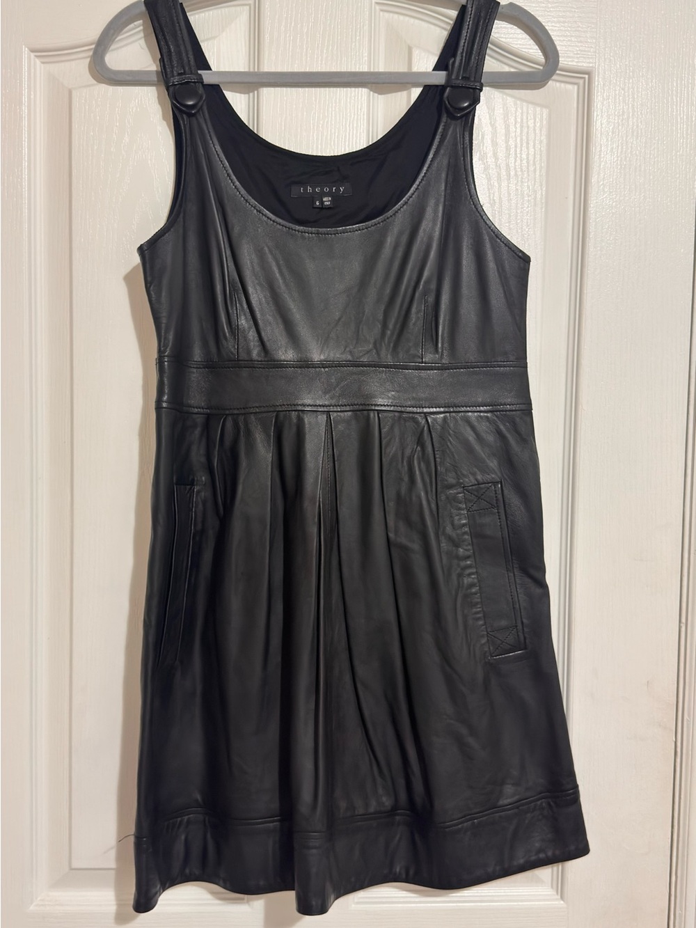 Theory Black Leather Pleated Mini Dress
